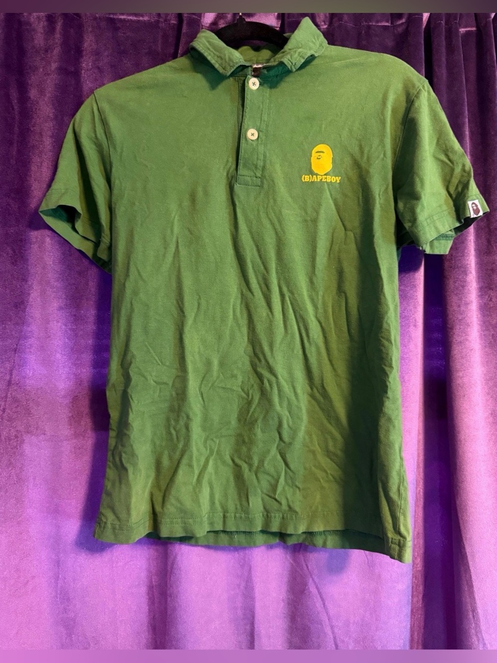 Vintage BAPE A Bathing Ape Green Graphic Polo Shirt with BapeBoy 85 - Picture 2 of 7